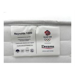 Barker & Stonehouse - contemporary chestnut king size bed frame, with geometric inlaid headboard and brass detailing, slatted base and tapered brass effect legs, together with Dreams ‘Reynolds 1000’ pocket sprung mattress