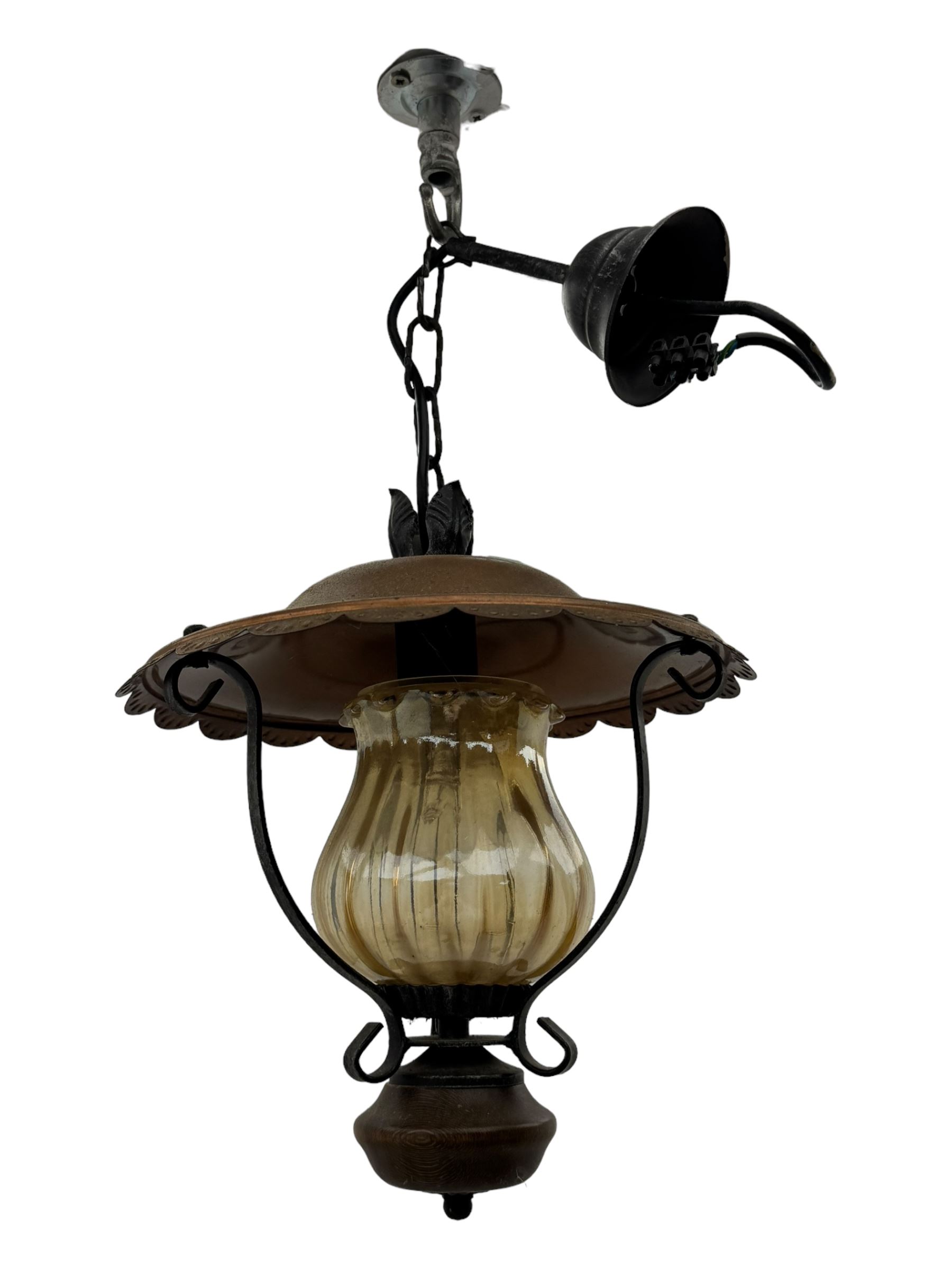 Collection of vintage and modern light fixtures, including copper pendant light, brass five-arm chandelier, hanging lantern and two small chandeliers with hanging faceted droplets (6)