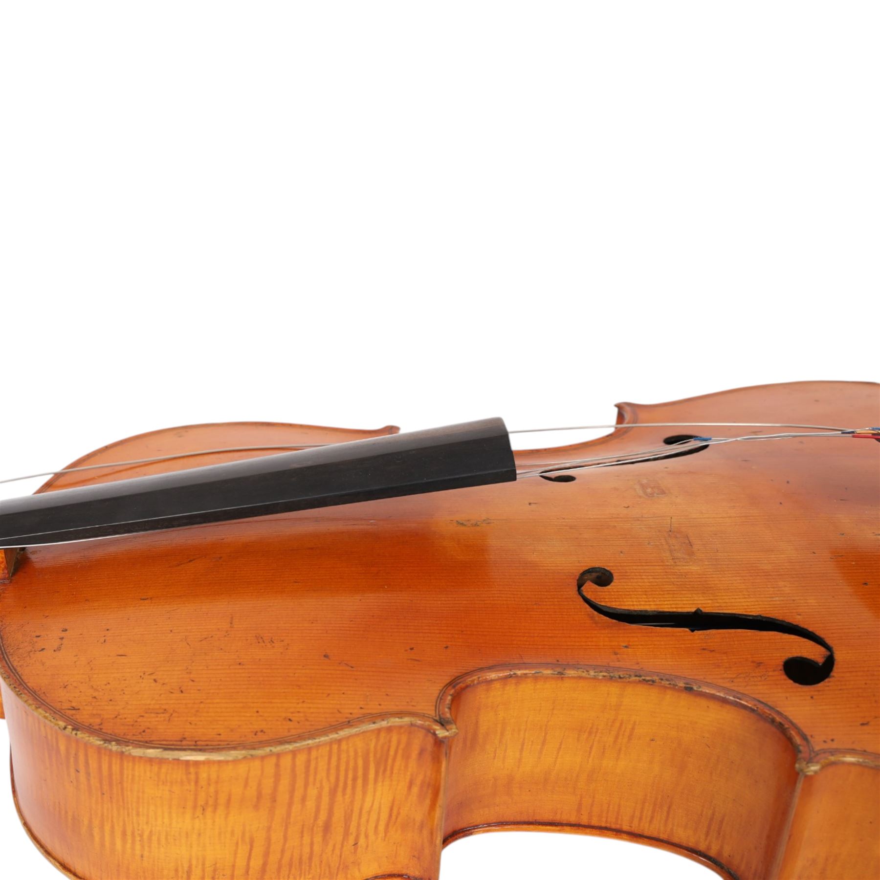 19th century cello, with two piece back and ebonised finger board, contained within a hardcase, cello back length 75cm