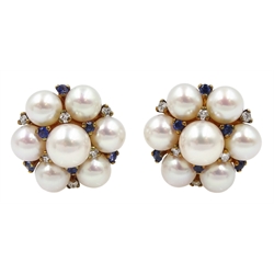 Pair of gold pearl, sapphire and diamond cluster stud earrings, hallmarked 9ct