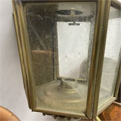 20th century brass carriage lantern, with six glass panels and eagle finial, together with a copper coal scuttle and hammered copper vase, lantern H77cm