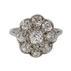 Early 20th century 18ct white gold nine stone old cut diamond, pave set cluster ring, total diamond weight approx 1.00 carat