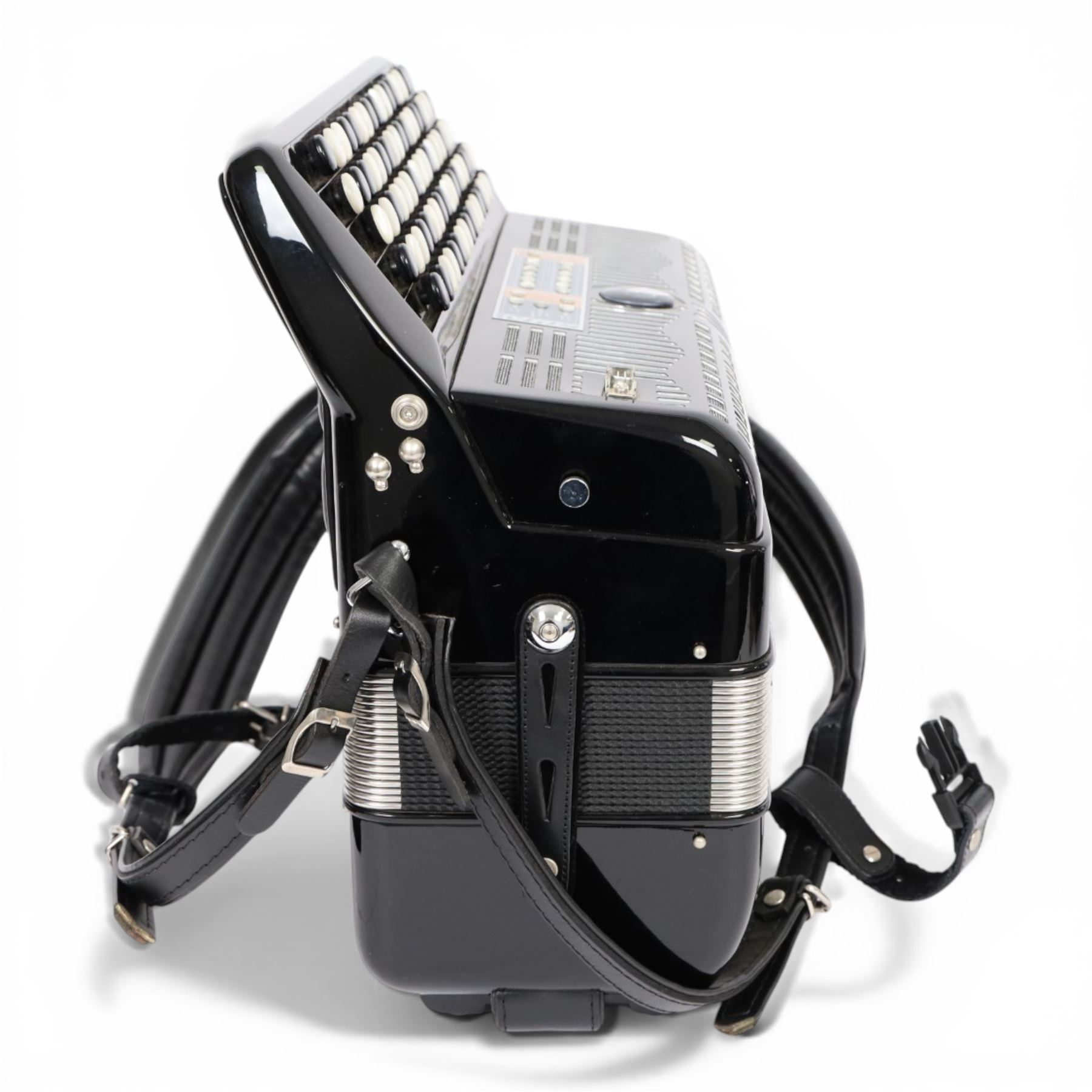 SEM Ciao 5-row digital reedless chromatic button midi-accordion, with 87-black and white buttons and 120 bass buttons, in black high gloss case, with carry strap and original hard carrycase