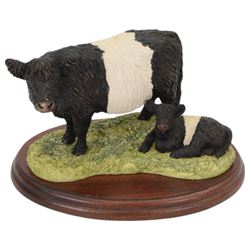 Border Fine Arts Belted Galloway Cow and Calf, on wooden base