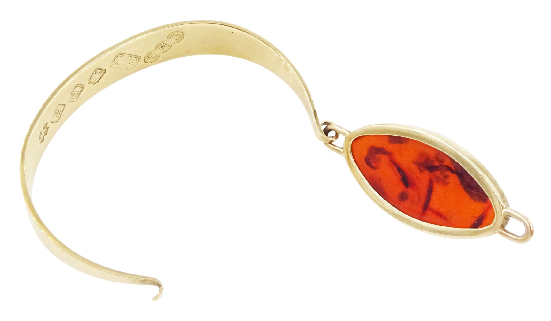 9ct gold oval amber wide bangle by C W Sellors, Sheffield 1999
