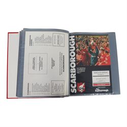 Comprehensive collection of approximately one-hundred and ninety Scarborough FC football programmes for the 1987/88, 1988/89 and 1990/91 seasons, all filed within six dedicated Scarborough FC red Home and Away binders 