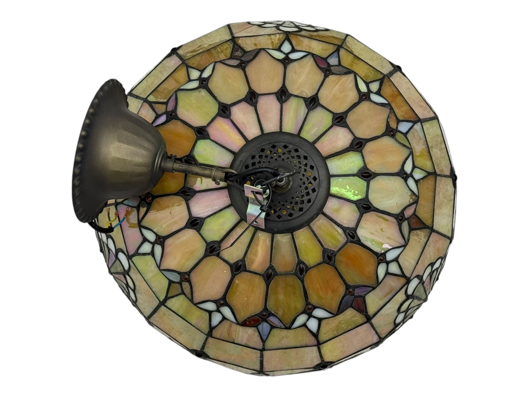 Collection of Tiffany-style light shades, to include six bowl-shaped wall-mounted fittings with floral and berry motifs and three ceiling-mounted light shades
