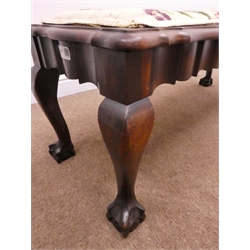  Early 20th Century mahogany wave moulded stool, needlework top cabriole legs with ball claw feet, W110cm, H40cm, D38cm  