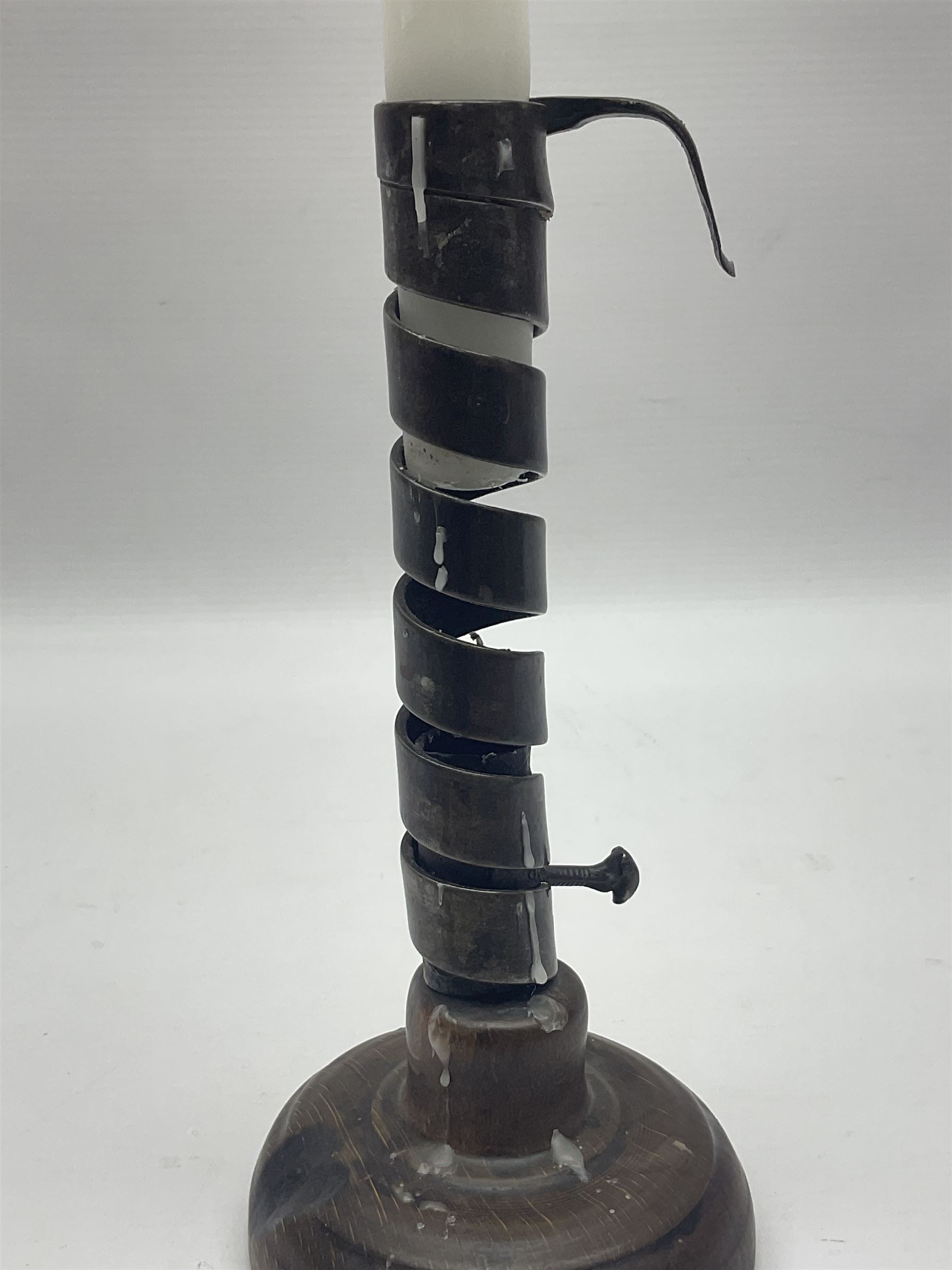 18th century spiral rat de cave candlestick on domed wooden base, H20cm