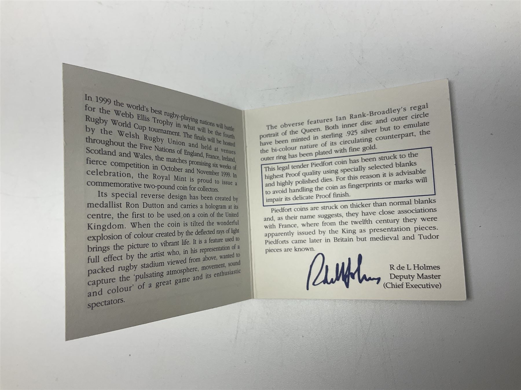 The Royal Mint United Kingdom 1999 'Rugby World Cup' holographic silver proof piedfort two pound coin, cased with certificate