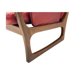 Folke Ohlsson for Gimson & Slater - mid-20th century Danish teak-framed sofa, red leather upholstery with patchwork design, raised on shaped teak side supports
