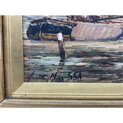 John Hamilton Glass (Scottish 1820-1885): Dutch Fishermen on the Shore, watercolour signed 24cm x 34cm; Manner of Henry Barlow Carter (British 1804-1868): Boats Unloading on the Shore, watercolour unsigned, various labels verso 17cm x 24cm; R Bayles (British 20th century): 'Morning Mists', watercolour signed titled and dated 1947, 14cm x 26cm (3)