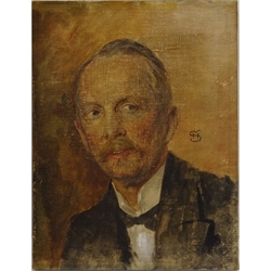  German School (Early 20th century): Bust Portrait of a Gentleman, oil on canvas, signed with monogram, the stretcher inscribed verso and impressed D.R.G.M. W94, 44cm x 34cm in gilded gesso leaf scroll frame stamped with Munchen retailer  
