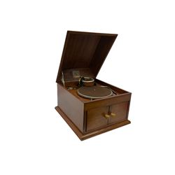 Late 20th century mahogany cased table top gramophone, with later 'His Masters Voice' label to the interior, H32cm L41cm D47cm