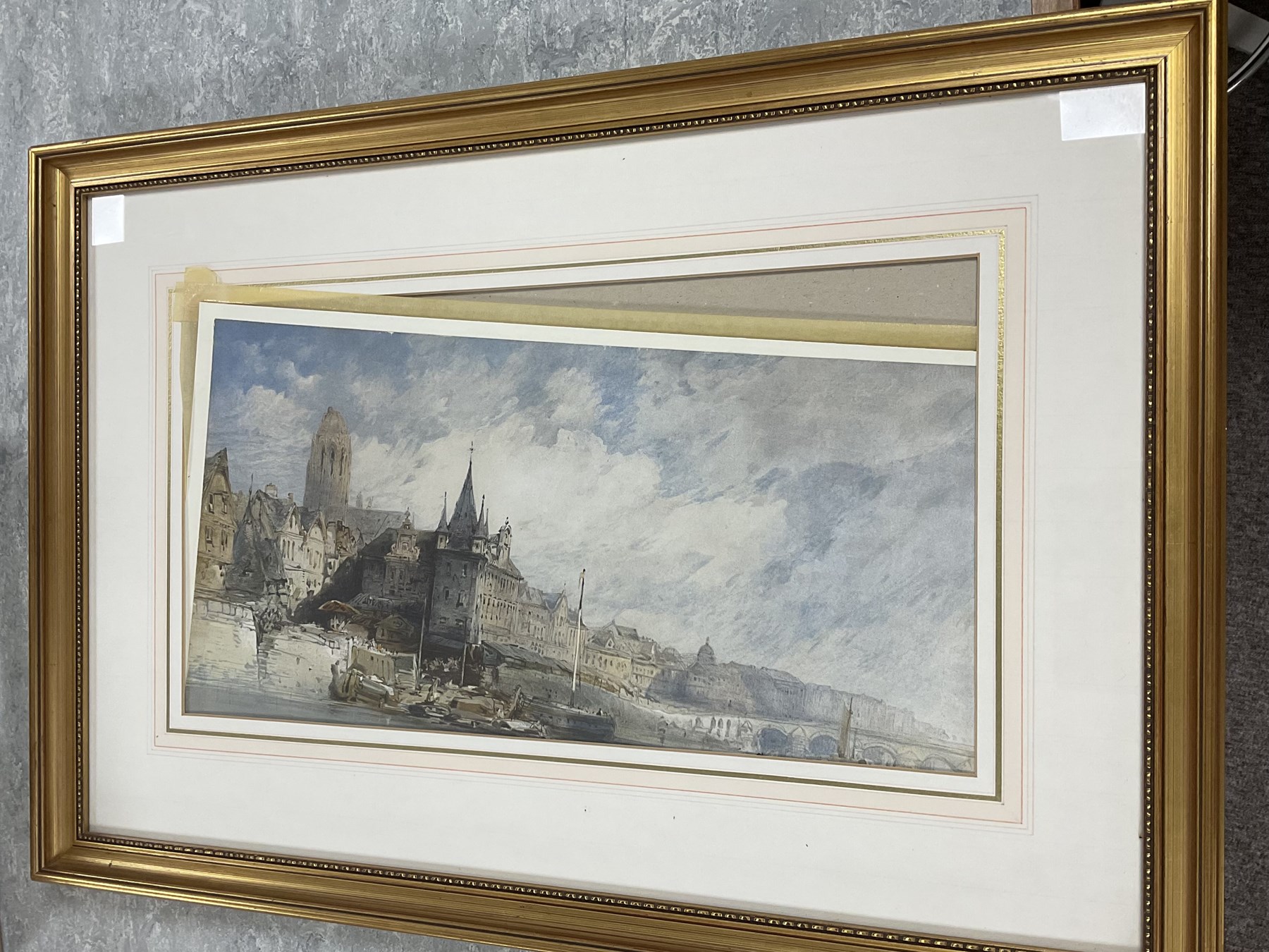 Collection of pictures, to include After William Callow (British 1812-1908): Continental River Scene, coloured lithograph; English School (20th century): Church Ruins on the River, watercolour unsigned; Christopher Gifford Ambler (British 1886-1965): Ceasar's Wife - A Matter of Colour, coloured print signed in pencil; after Francis Nicholson (British 1753-1844): Newbrough Gate 1834, monochrome lithograph; Map of Venice, coloured print, with others and one mirror, max 40cm x 49cm (18)
