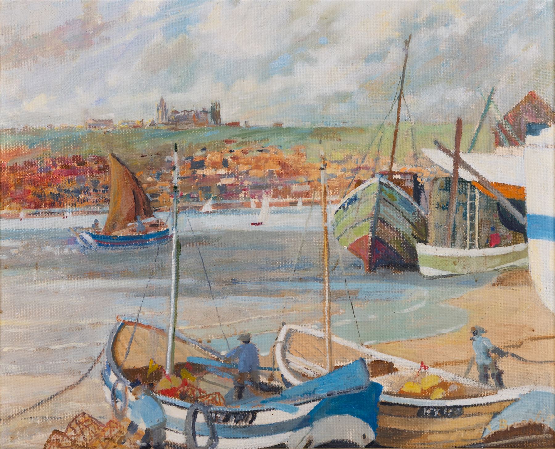 English School (Contemporary): Whitby Boats at Low Tide, oil on board indistinctly signed 45cm x 54cm 
