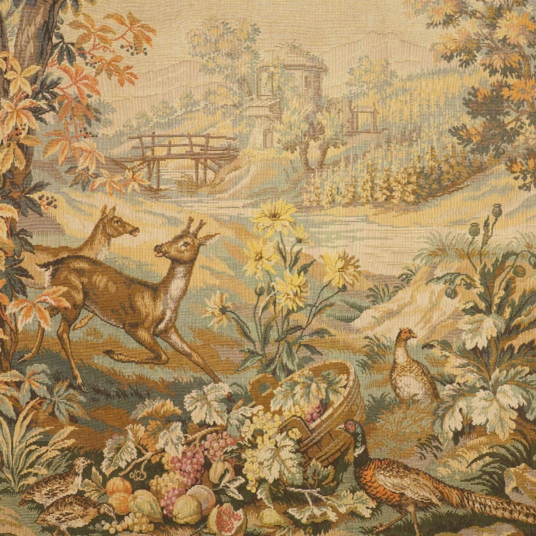 Large French Aubusson style verdure tapestry, of 18th century design but later, depicting a country landscape and ruins with hunting prey to foreground, 153cm x 212cm
