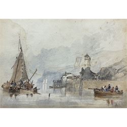 Attrib. John Wilson Carmichael (British 1800-1868): Castle on Seafront with Ships, watercolour signed with initials 15cm x 21cm