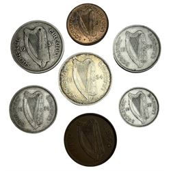 Seven Irish coins, comprising 1934, 1937 half crowns, 1934, 1935 florins, 1937 shilling, 1940 penny and 1937 halfpenny 