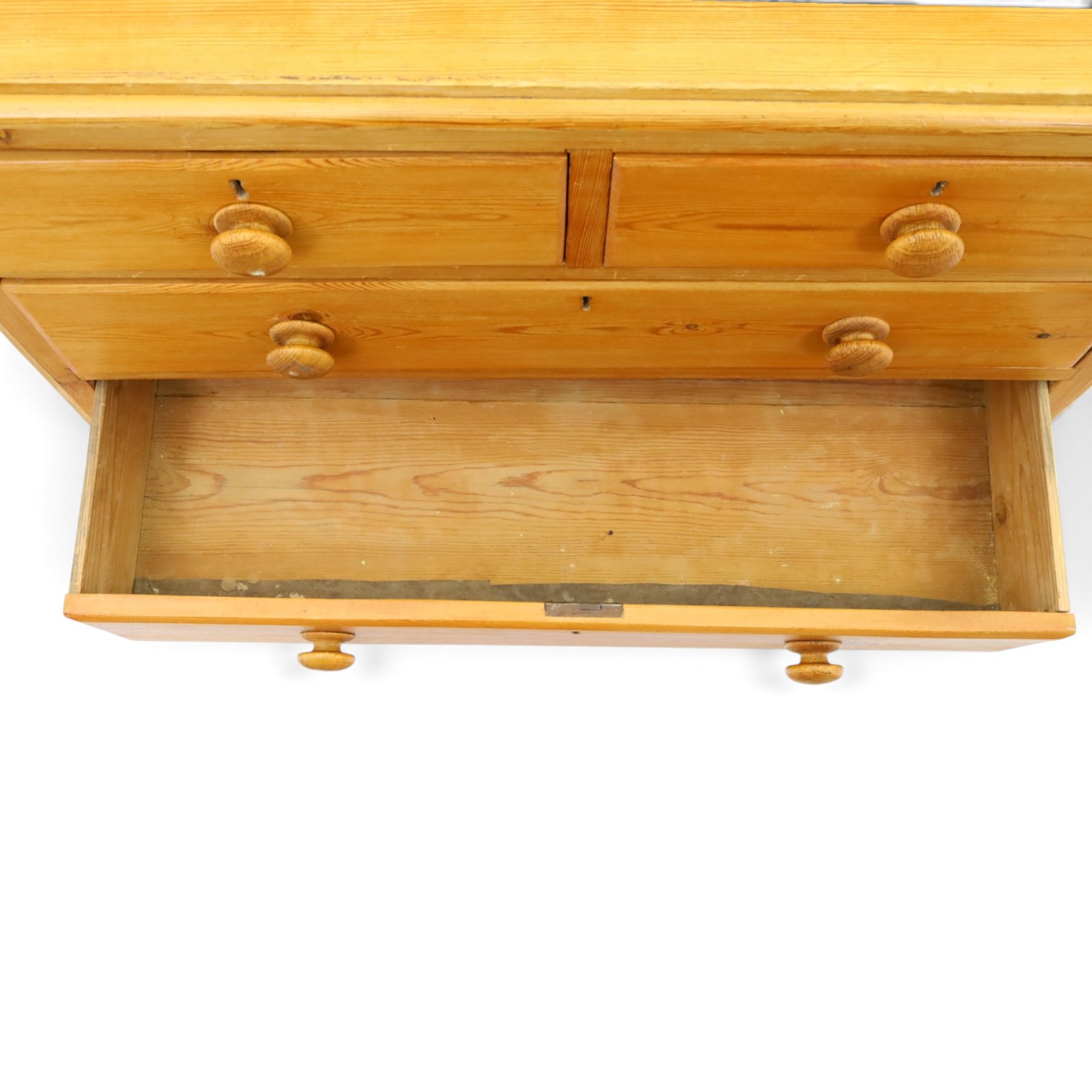 Victorian pine chest, galleried three quarter top, fitted with two short and two long drawers. with shaped apron and supports