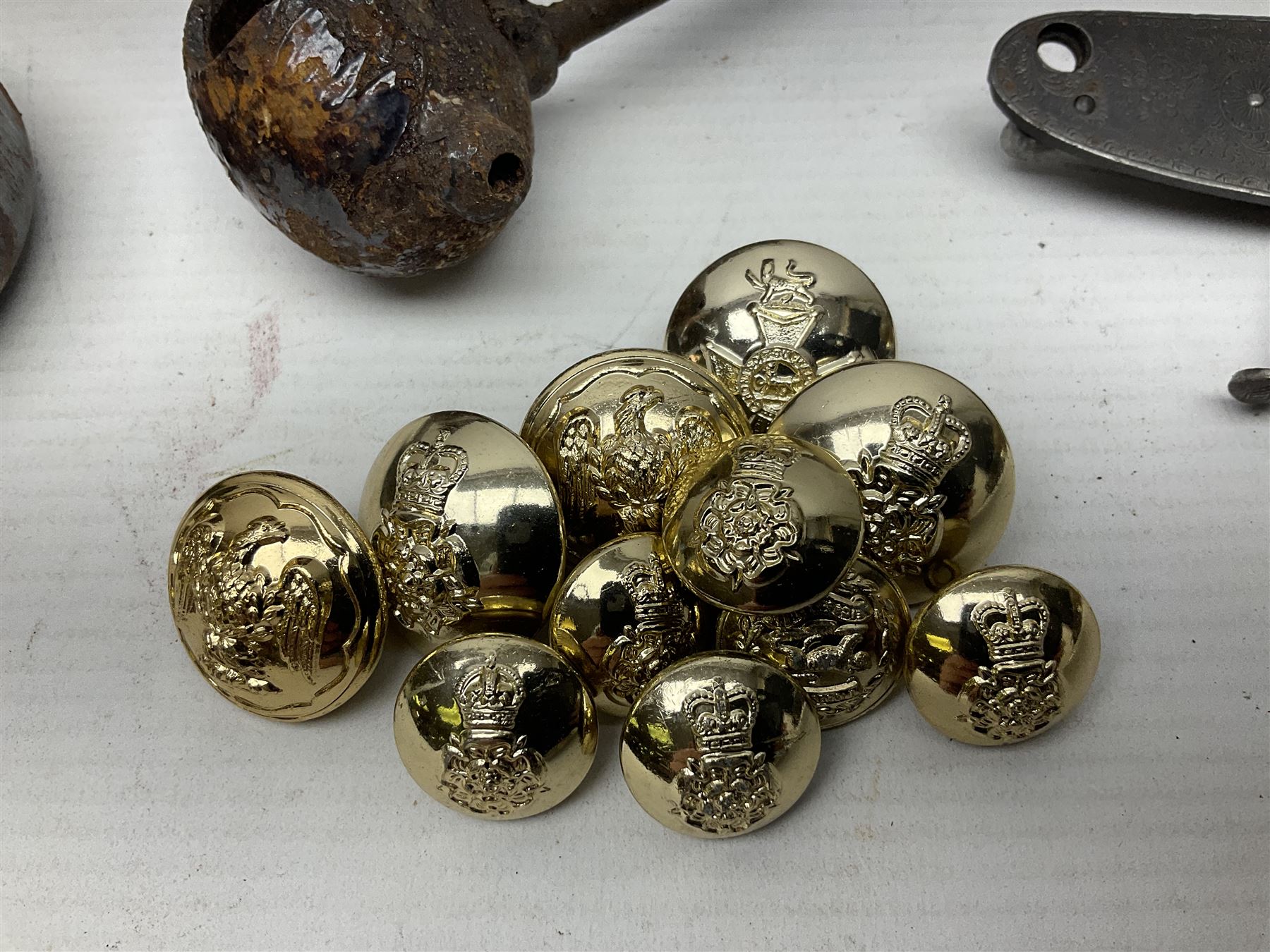 Two leather shot flasks with embossed decoration and brass nozzles; scissor action bullet mould with two ladles; pair of 19th century J.B. Warrilow hammer actions; small quantity of Staybrite buttons; and 1968 dated metal ammunition tin for 200 x 7.62 blank cartridges