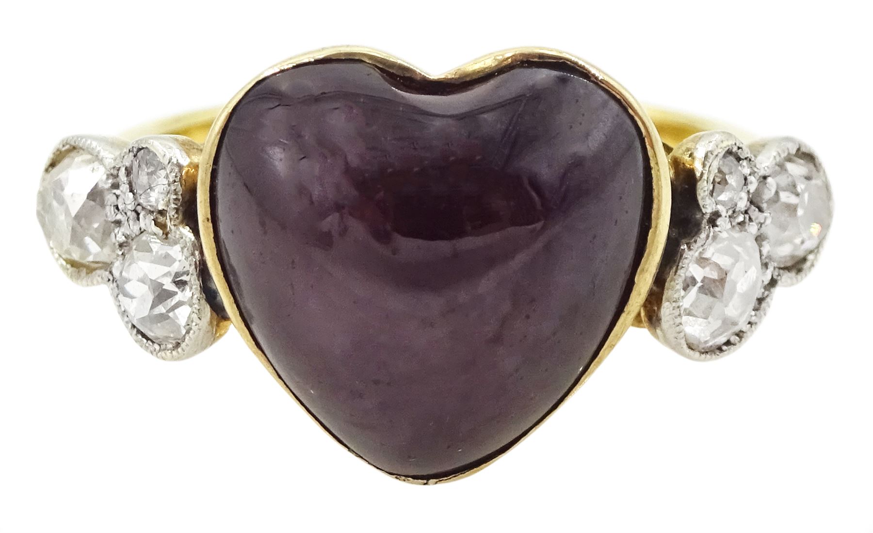 Early 20th century gold heart cut garnet and six stone old cut diamond ring, stamped 18ct, total diamond weight approx 0.50 carat