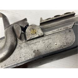 19th century George Gibbs of Bristol .461 cal. muzzle loading percussion match rifle with 28cm cut-down barrel and cut-down stock, Metford type rifling, fitted with additional three folding leaf rear sight to 400yds, back action sight still fitted to tang, maker's name to lock and top of barrel, serial no.439. L46.5cm overall