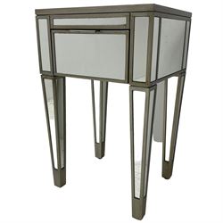 Contemporary mirrored and metal lamp table, rectangular top, fitted with single drawer, raised on square tapering supports 