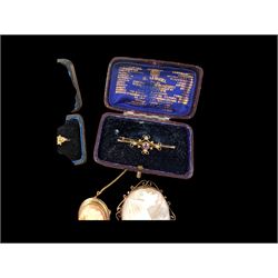 Collection of 9ct gold jewellery, including cameo brooches and ring and silver blue john brooch, silver necklace, etc