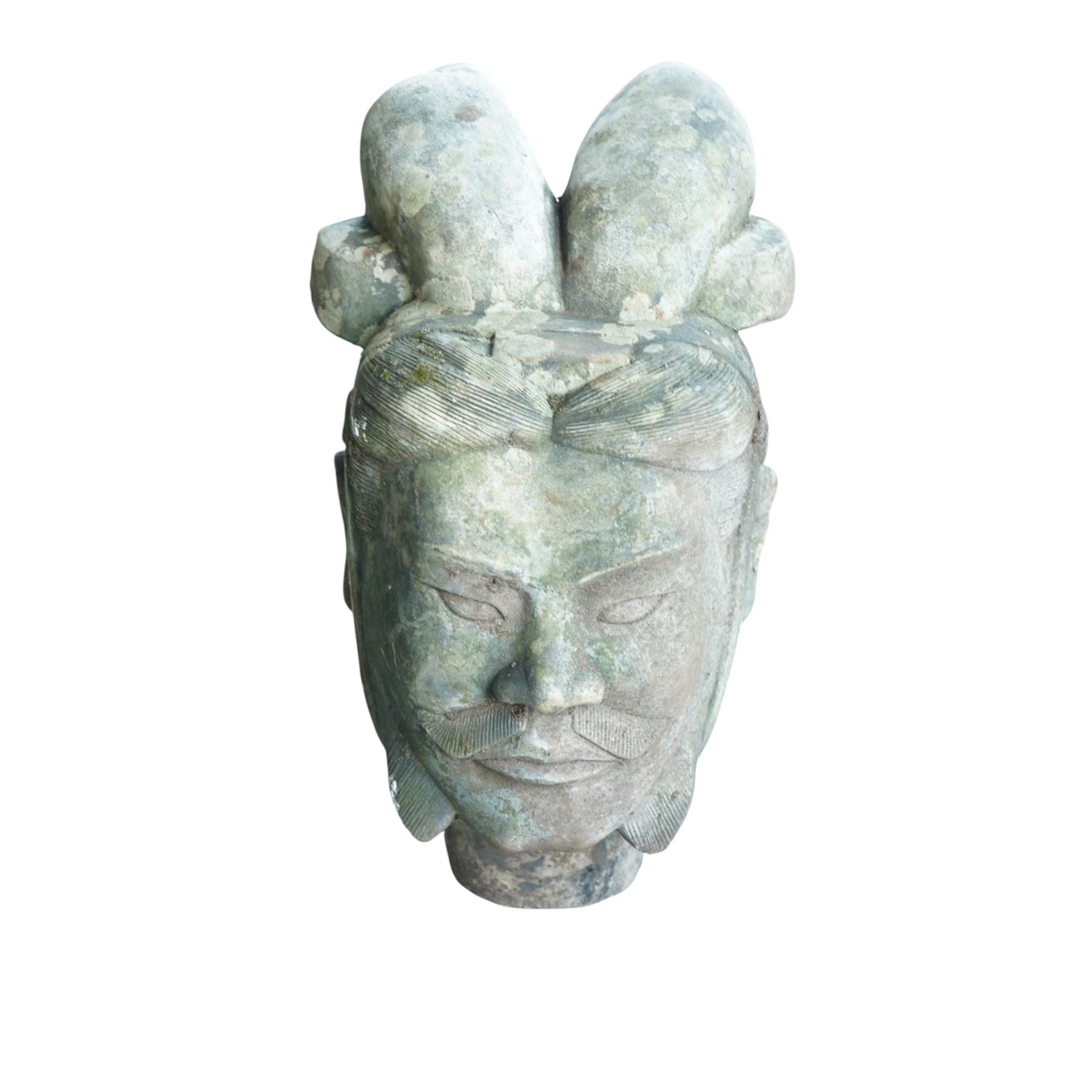 Two near life-size terracotta warrior figures, modelled in the style of the Qin dynasty soldiers, each kneeling with one arm raised, wearing detailed armour and tunics, one example partially damaged and lacking sections