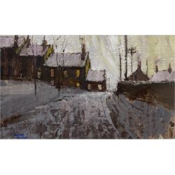 William Selby (Northern British 1933-): 'Cottages at Gunnerside' in Swaledale, oil on board signed 45cm x 76cm