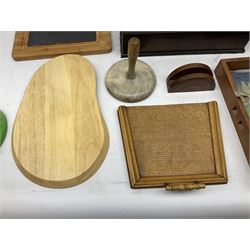 Oak barley twist candle stand, H55cm, double lidded canteen tray with brass handle, and other treen objects etc including turned wood, tealight candle holder, trays, spinning tops etc