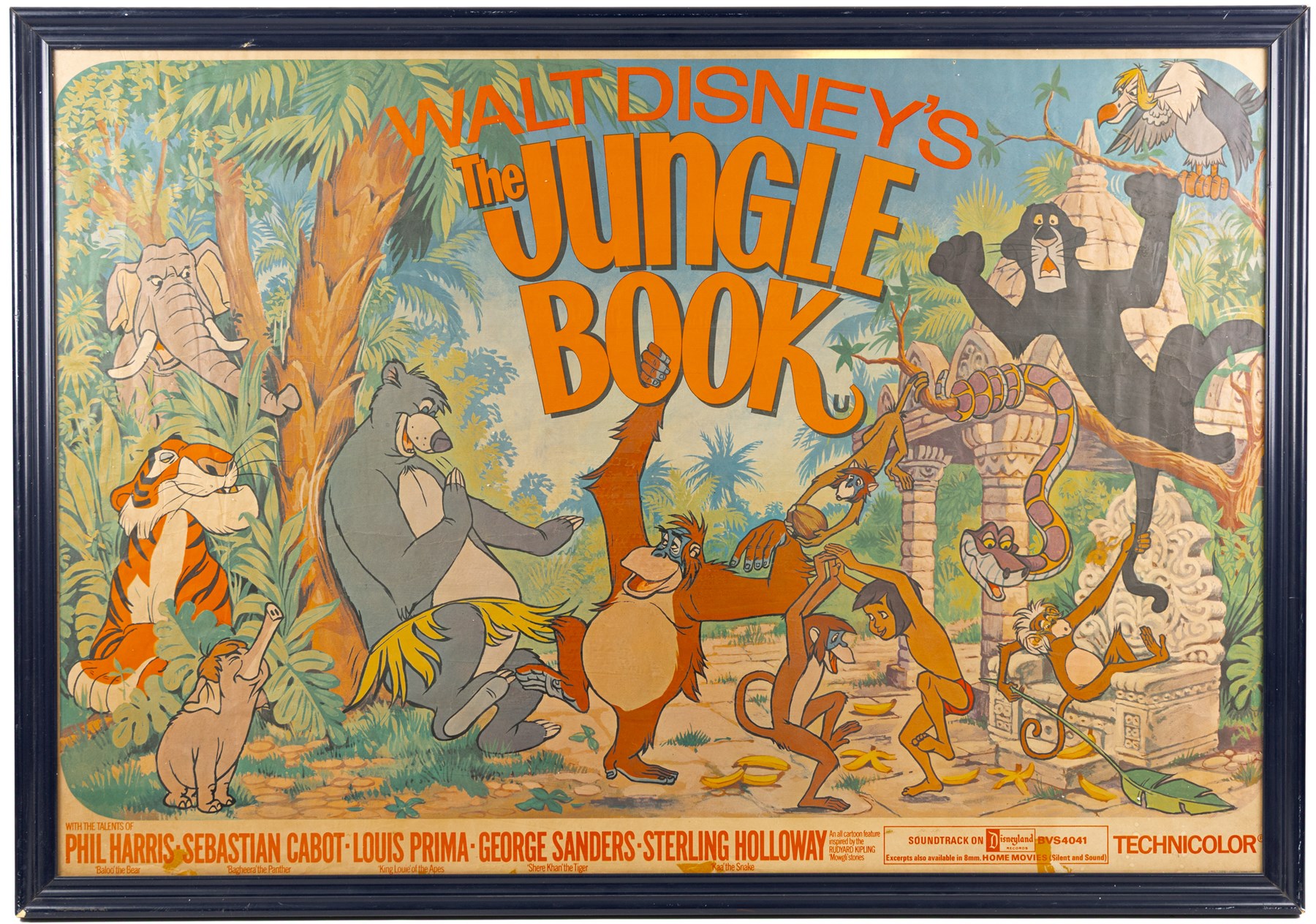 Original 1970s Walt Disney Jungle Book film poster, framed, H66cm, W98cm