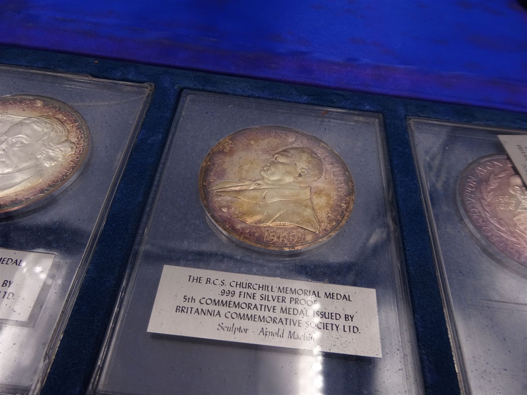 British Commemorative Society Ltd, set of six commemorative .999 fine silver proof medals, no. 1 to 6 , to include the William Medal, The Magna Carta Medal, The Lord Nelson Medal, The Canadian Centenary Medal, The Churchill Memorial Medal and The William Shakespeare Medal, each contained within clear perspex cases, in a silk lined fitted case