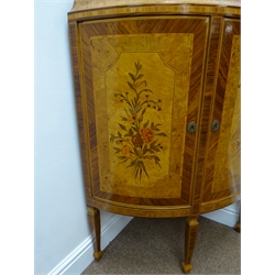  20th century kingwood crossbanded walnut bow front corner cabinet with raised twin shelf shaped back, floral marquetry top and doors, on square tapering supports, W77cm, H138cm, D53cm  