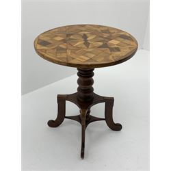 19th century tilt top specimen  table, the circular top inlaid with various woods, on turned mahogany column, quadruple splayed supports with scroll terminals 