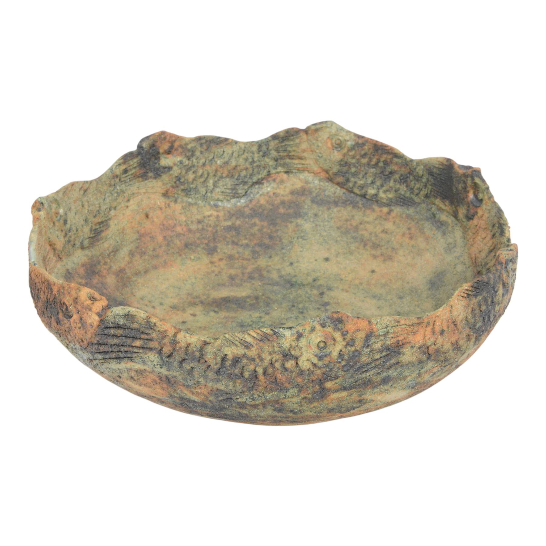 Studio pottery bowl, textured bowl with fish to the rim, with indistinct potters mark to base, H14cm, 38cm