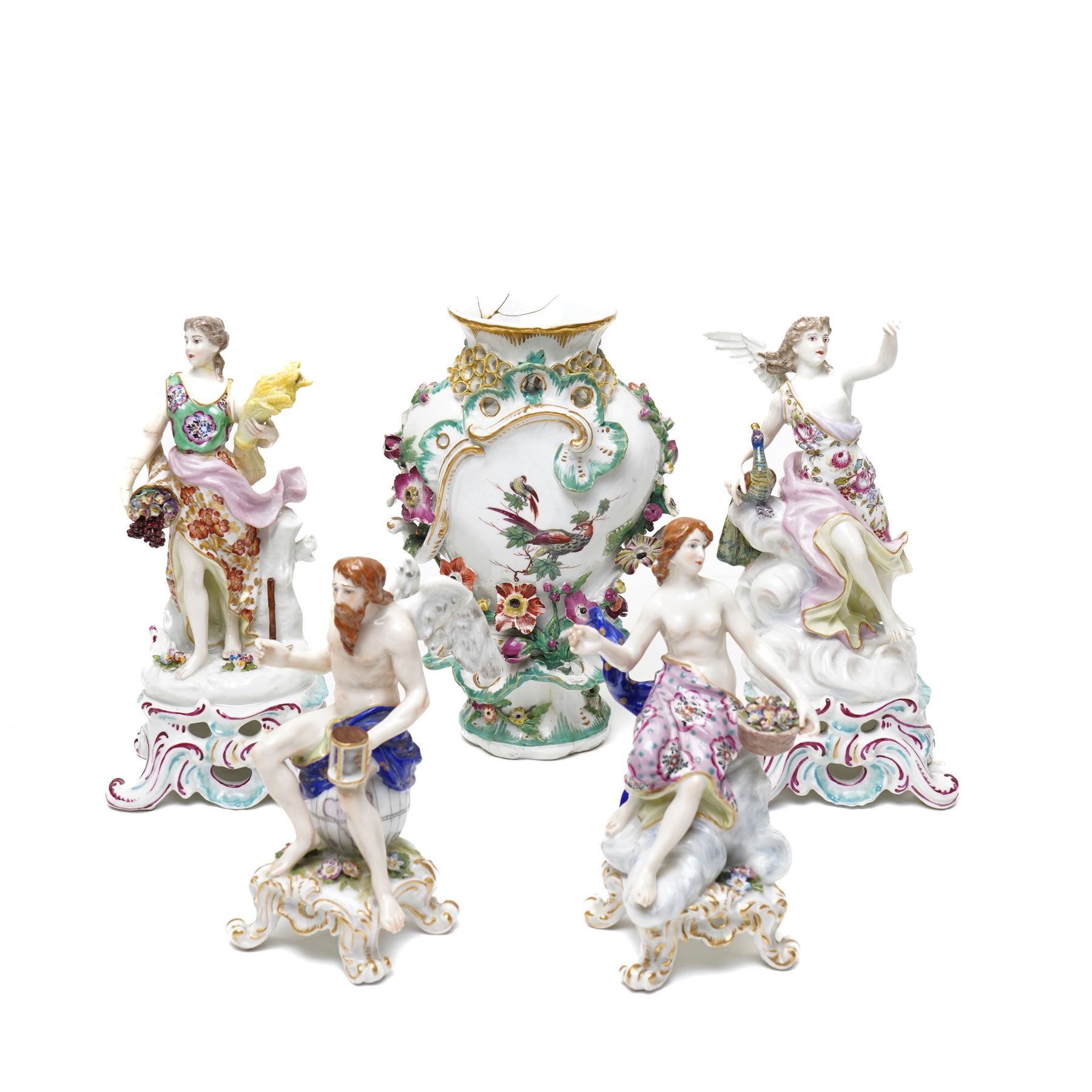 *18th century Chelsea porcelain vase, c1756-1759, with moulded floral decoration, with reserve panels of birds, gold anchor mark to base, H21cm; together with a pair of Sampson figures in Chelsea style, modelled as two female figures holding a peacock and corn, H22, and one further pair of Sampson figures, H17cm (5)From the Kirkham Hall Attic & Cellar Collection, sold without reserve