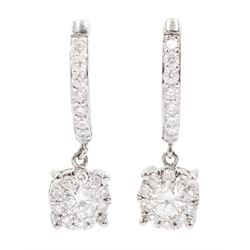  Pair of 18ct white gold round brilliant cut diamond pendant earrings, diamond set hoops each suspending a diamond cluster, stamped, total diamond weight approx 0.80 carat