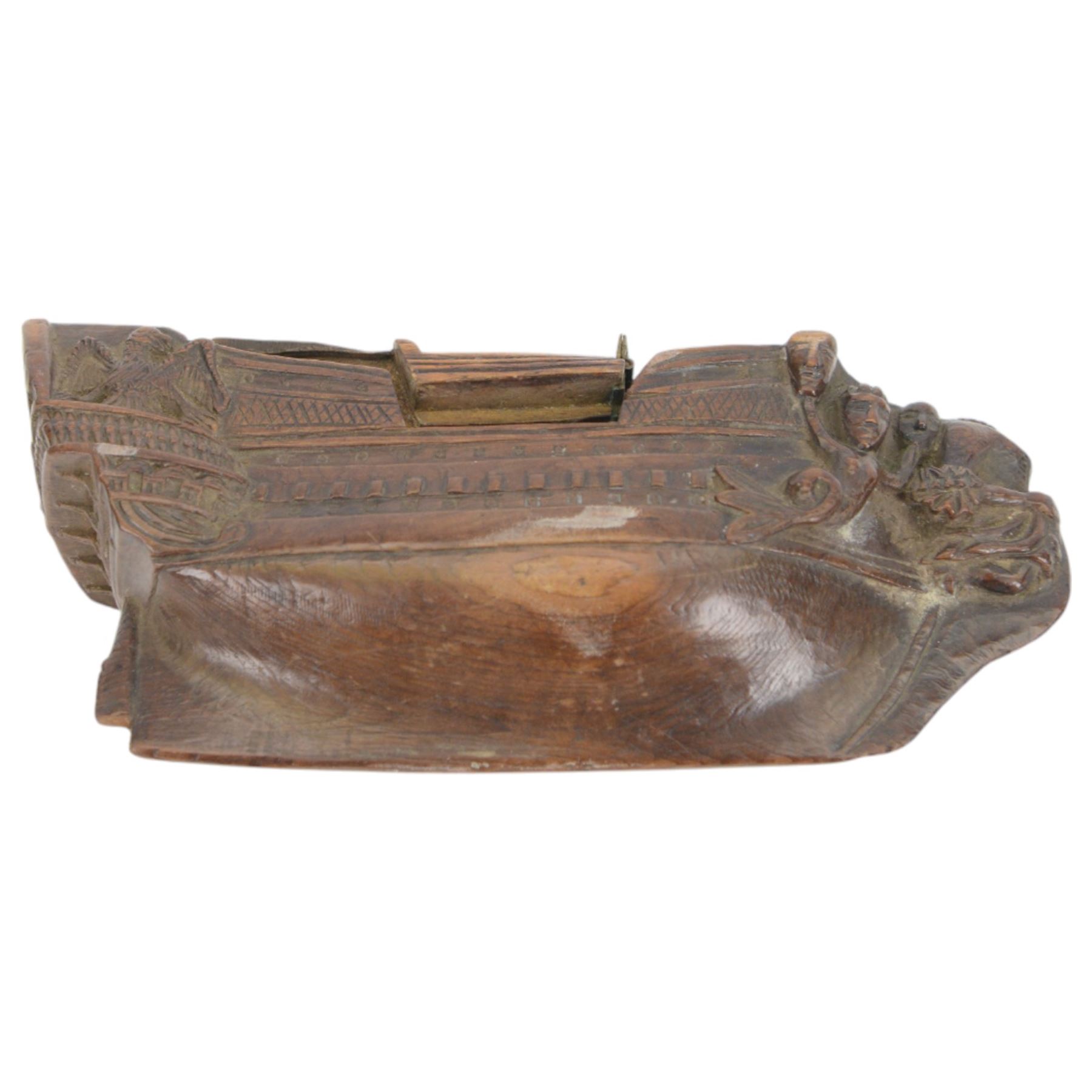 19th century treen snuff box in the form of a ship, with carved detail including windows and mythical figures, L15cm, H6cm