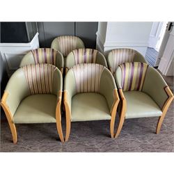 Seven tub shaped armchairs, beech framed, lime and patterned fabric- LOT SUBJECT TO VAT ON THE HAMMER PRICE - To be collected by appointment from The Ambassador Hotel, 36-38 Esplanade, Scarborough YO11 2AY. ALL GOODS MUST BE REMOVED BY WEDNESDAY 15TH JUNE.