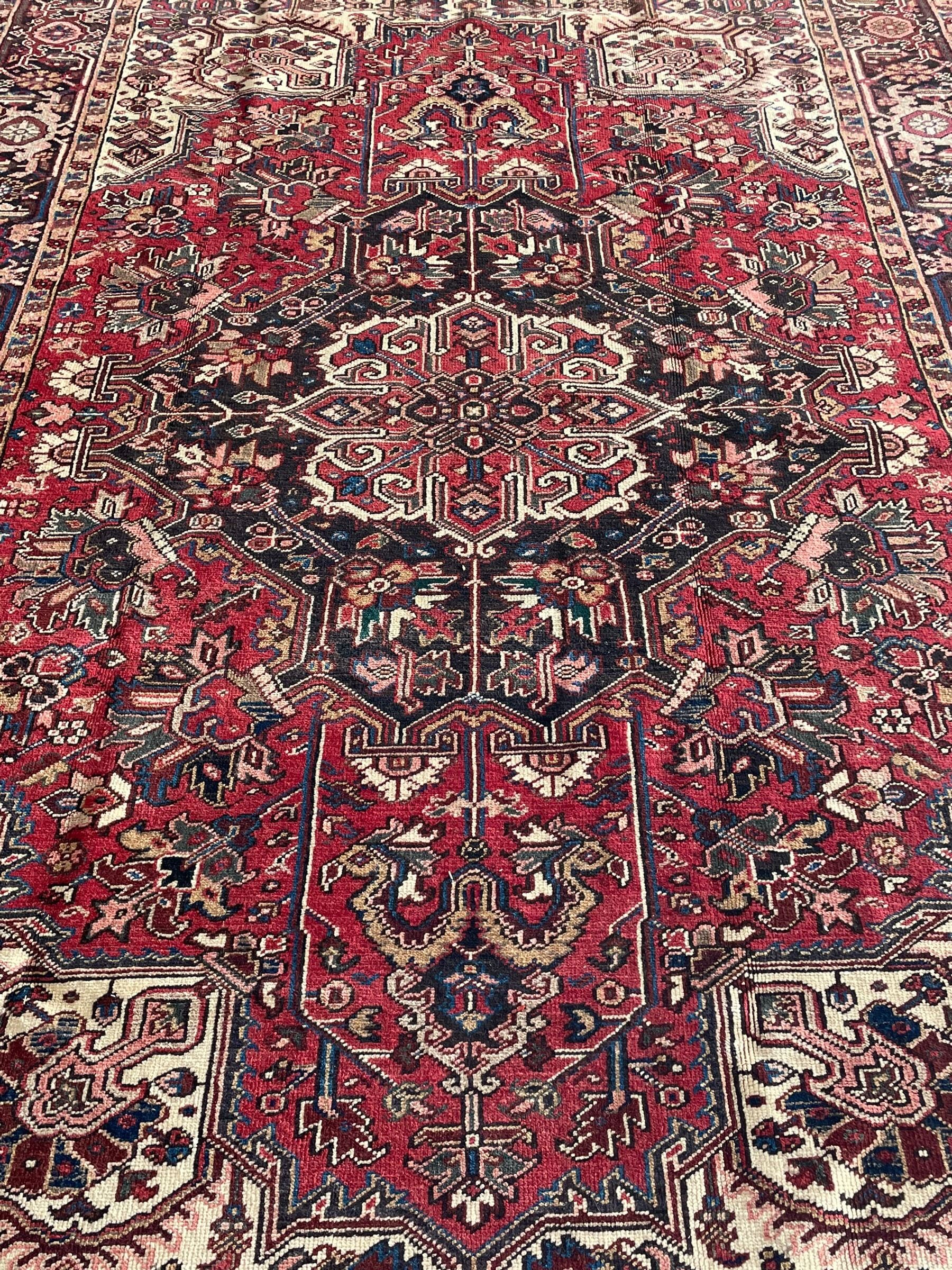 Persian Heriz red ground rug, large medallion decorated with palmettes and Ejder motifs, the border decorated with stylised plant motifs, within floral design guard stripes 