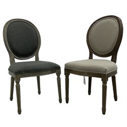 India Jane Interiors - two French design oak side chairs, moulded frame with cameo back, on turned and fluted supports; single side chair with curved back upholstered in shimmer silver fabric, on ebonised supports (3) - ex-display/bankruptcy stock 