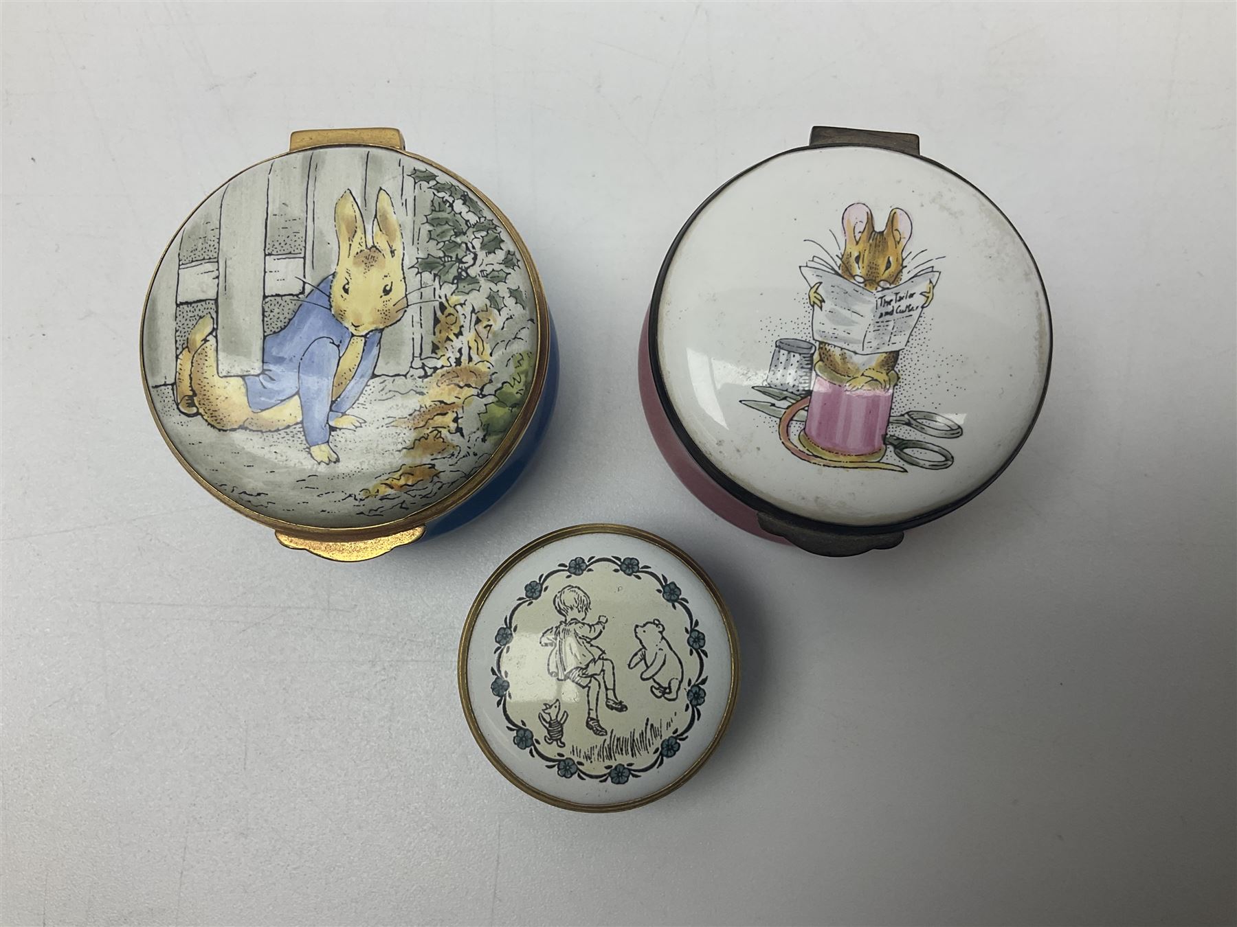 Five Royal Doulton Beatrix Potter figures, comprising Poppy Eyebright, Clover, Lord Woodmouse, Mr Apple and Dusty Dogwood, together with Beswick Appley Dapply figure and three Crummles Beatrix Potter enamel pill boxes