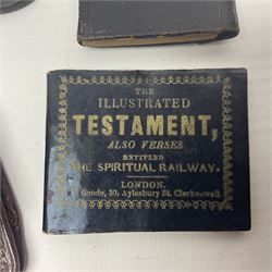 Miniature 1853 and 1855 Almanacks, one containing stamps; miniature Testament book; small leather stamp holder and Cartwheel penny