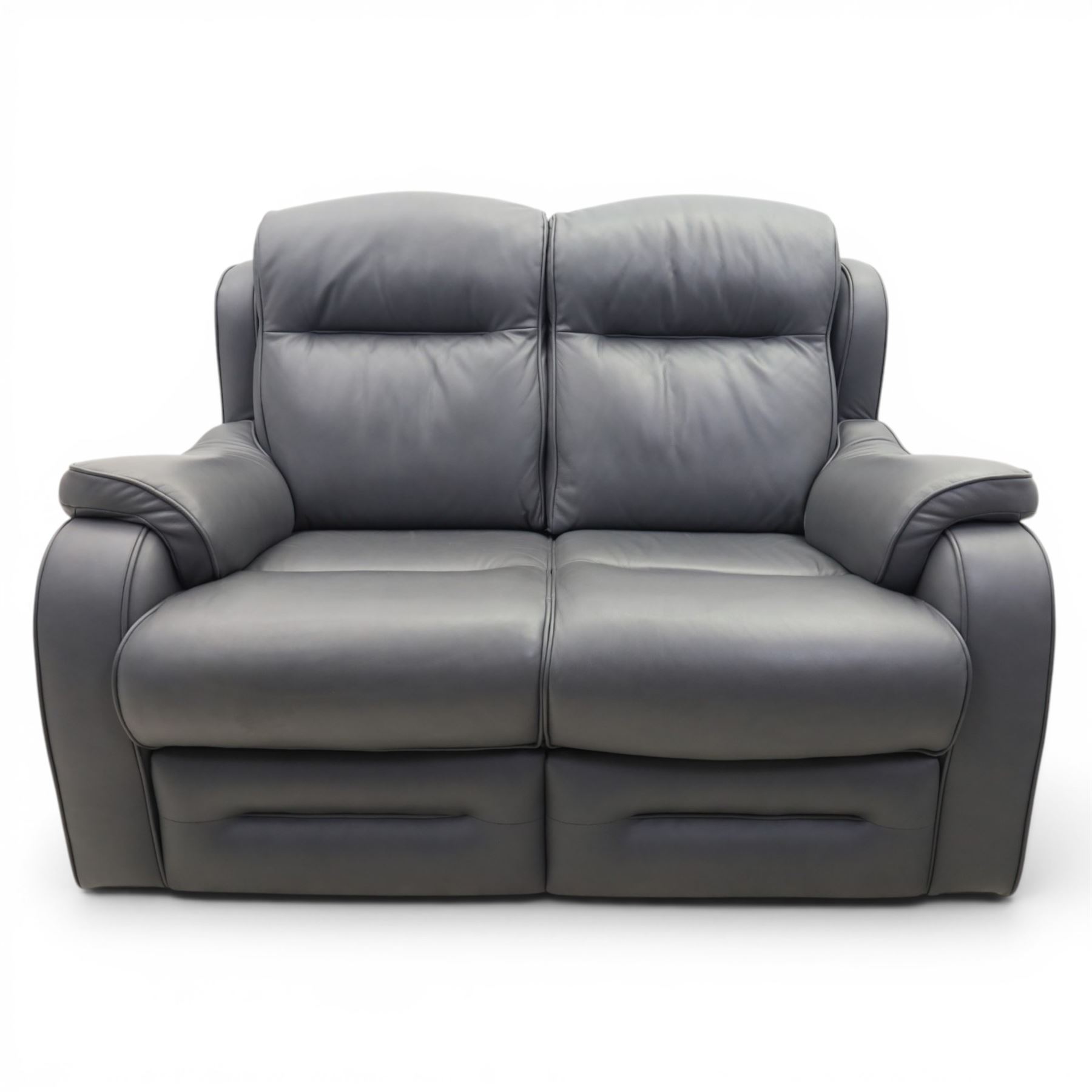Parker Knoll - 'Boston' grey leather two seater sofa, with zip in cushions and shaped arms, raised on dark feet