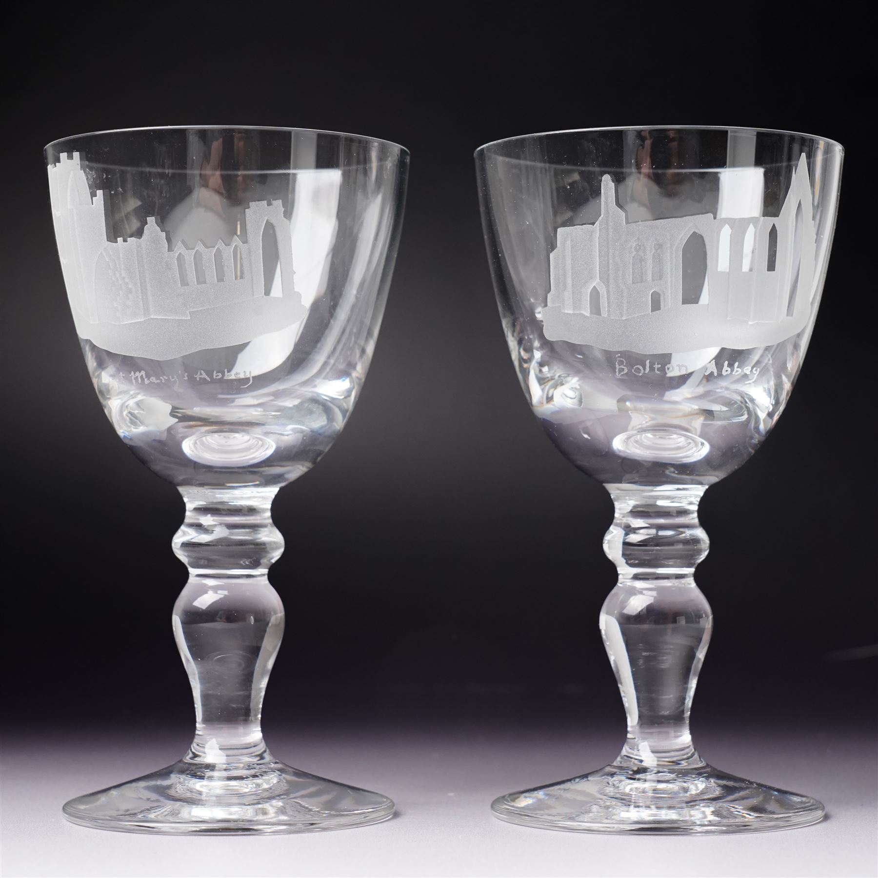 Set of six limited edition etched Caithness goblets, depicting the Abbeys of Yorkshire, no 1/100 with original box and certificate of authenticity