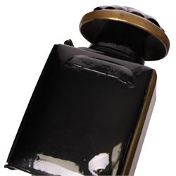 Pair of brass and toleware carriage lamps, the traditional chimney over a rectangular form body with bevelled glass, reflective panels, and rear circular red reverse light, H43cm