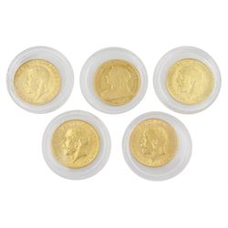 Five Victorian and later gold half gold sovereigns dated 1895, 1911, 1912 and 1914