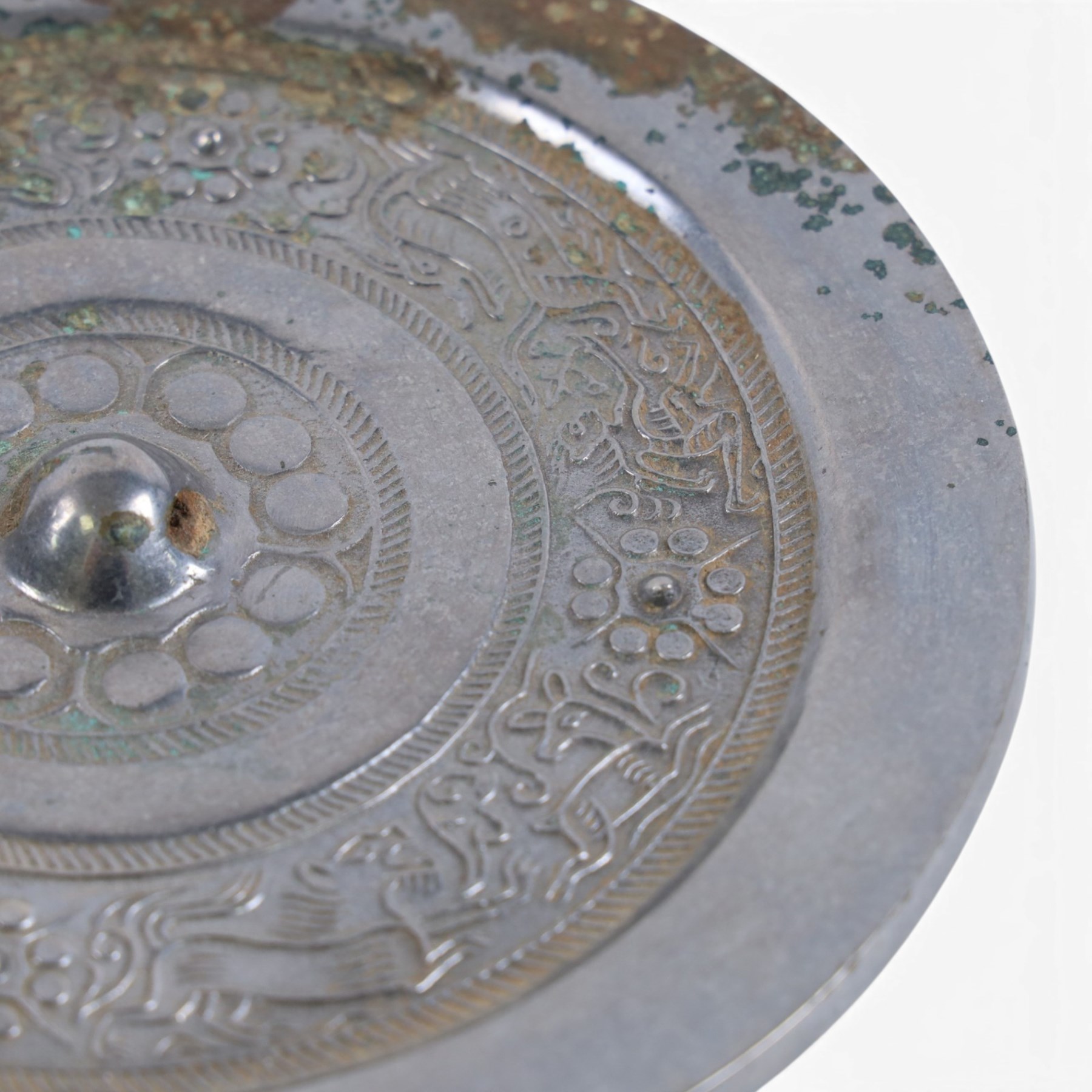 Chinese lobed bronze mirror, decorated with birds and mythical animals, together with two other mirrors and bronze vase, vase H37cm